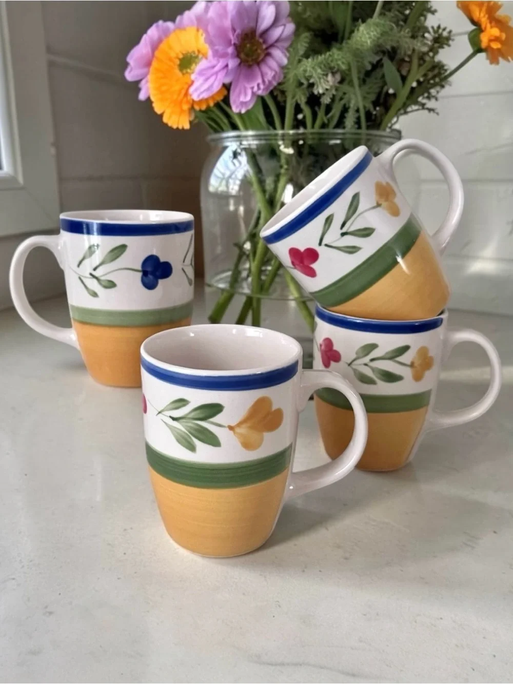 Vintage Pier 1 Hand Painted Floral Stoneware Mugs Yellow Green Blue Set of 4